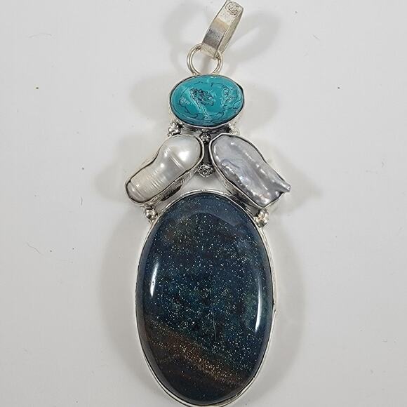 Goldstone Pendant Necklace – With Turquoise & Pearls + 20" Silver Chain - Picture 1 of 10